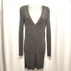 Intermix Mckenna Dark Gray Marled Long Sleeve V Neck Knit Mini Dress Size S